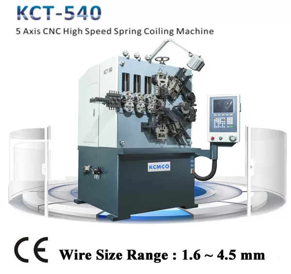 540 High Speed Spring Coiling Machine adopts Japan servo motor and TaiWan control system YiTu Brand). Feeding axis, Cam axis, Up-cutter axis, Under-cutter axis and Pitch axis.